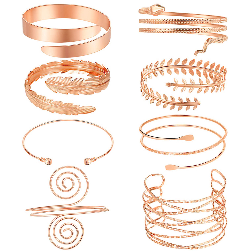 Hot Sale Leaf Geometric Smooth Hand Ornament Snake Arm Ring Eight-piece Set display picture 3