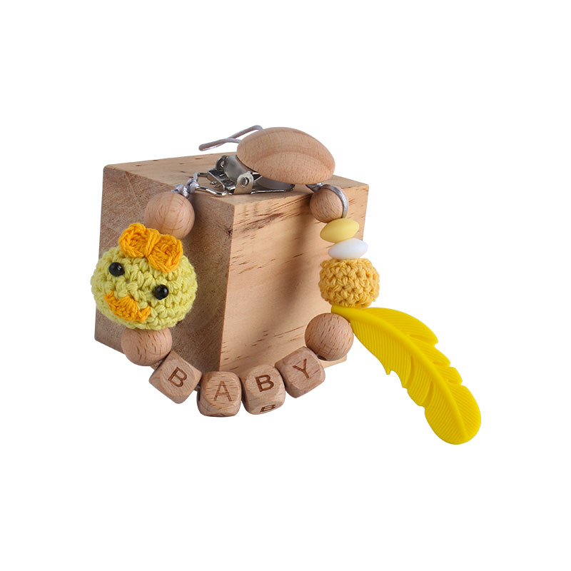 Nueva haya chupete clip bola de lana animal dibujos animados bebé nombre personalizado pluma silicona teether juguete molar