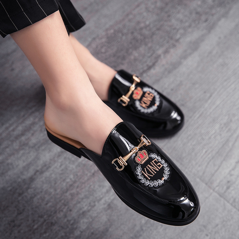 2021 Spring/Summer New Loafers Shiny Leather Half Slippers Trendy Breathable Casual Men's Shoes Fashion Embroidery_vogvips.com