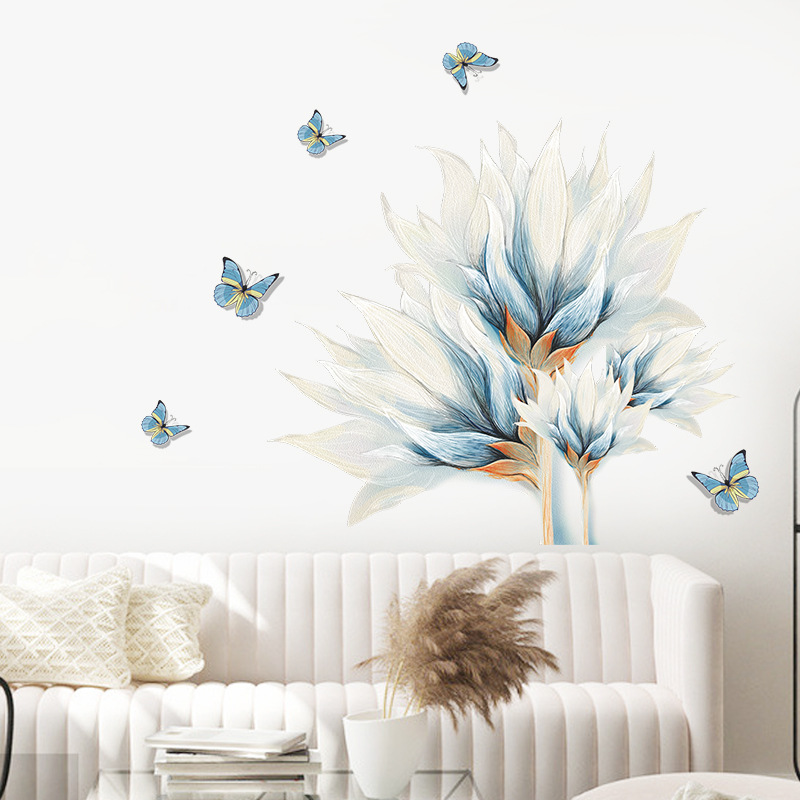 Stickers Muraux Aquarelle Fleur Papillon Bleu display picture 6