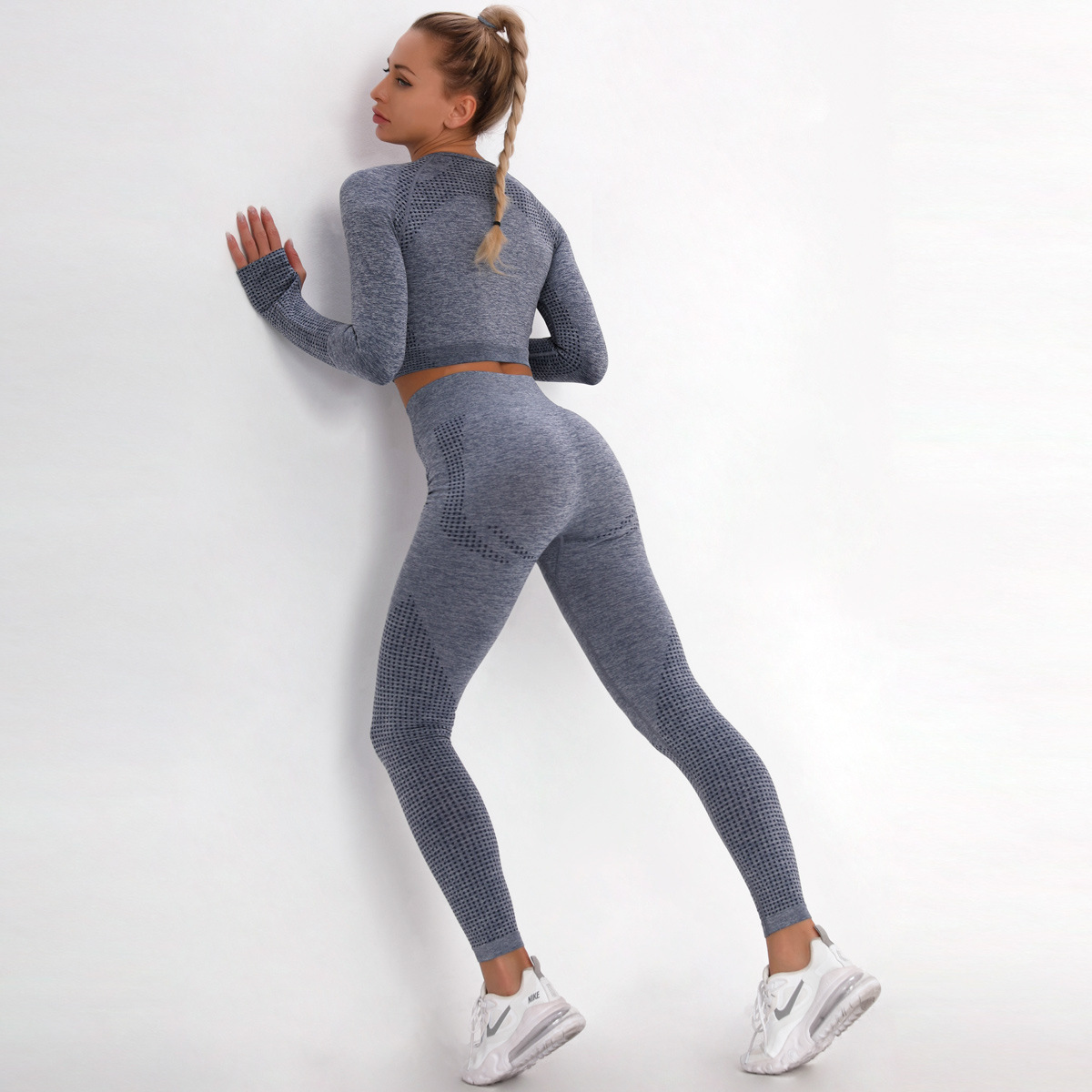 seamless knitted tight-fitting dot jacquard sports suit  NSLX8995