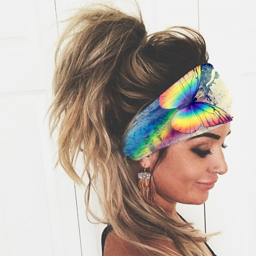  European and American Spring and Summer Anti-Snag Cotton Hairband with Butterfly Digital Print Head Scarf Yoga Exercise Elastic Headband