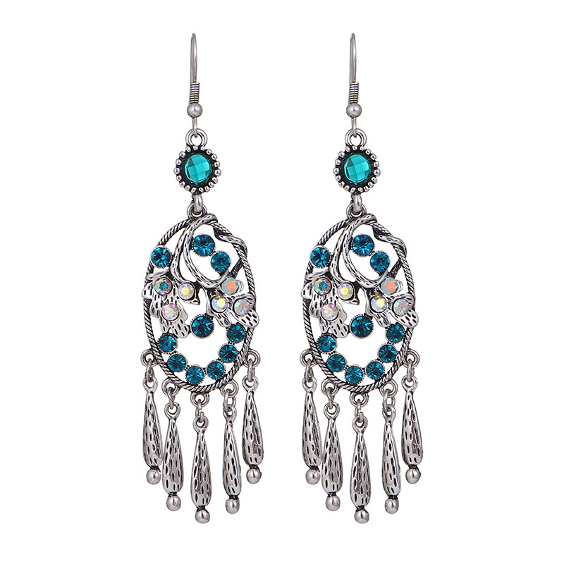 Imitation Miao Silver Ornaments Long Tassel Geometric Hollow Flower Earrings Alloy display picture 5