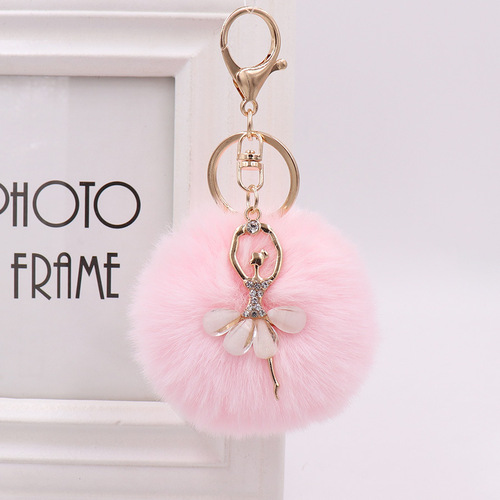 Creative cute rhinestone little angel car keychain imitation rex rabbit fur ball key chain ladies plush bag pendant