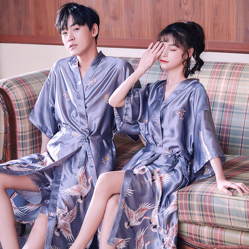 2020 new women's pajamas, spring and autumn silk printed pajamas set, crane sexy dressing gown