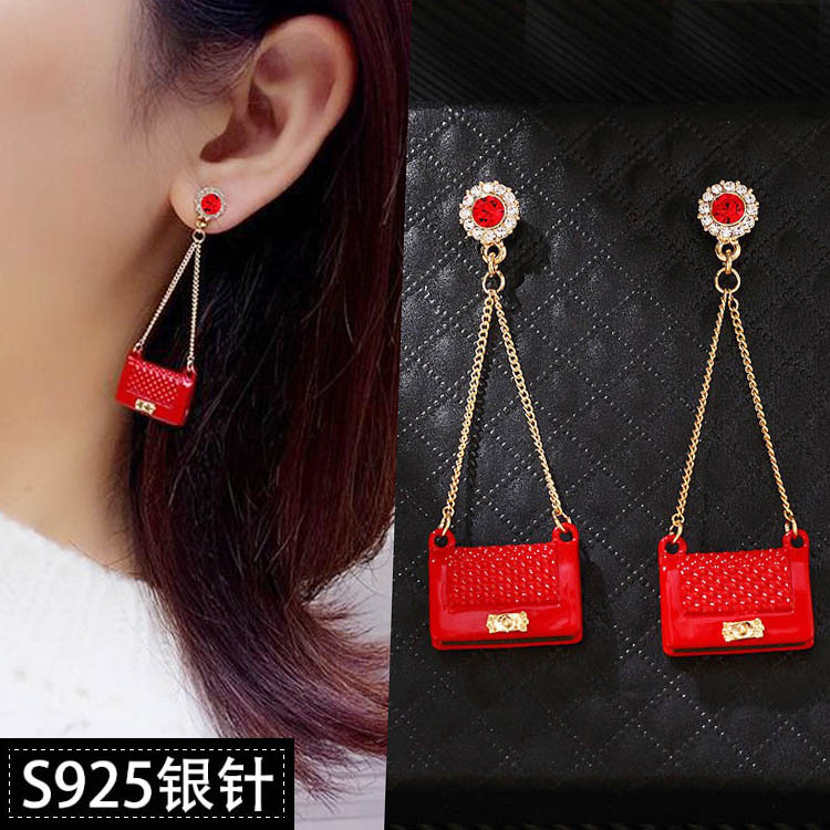 時尚個性化妝包紅色耳環韓國 2020新款潮氣質鑲鑽銀針網紅耳飾 女