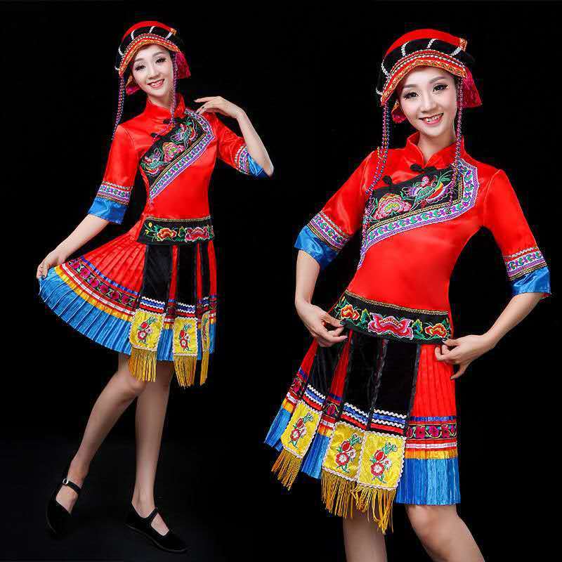 Women miao homong dance costumes red color Miao performance dress embroidered pleated skirt