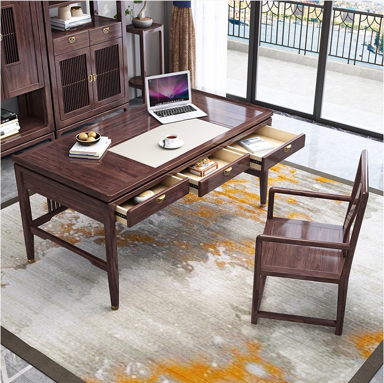 新中式全实木办公桌禅意轻奢写字台书法桌电脑桌红橡木书桌椅|ms