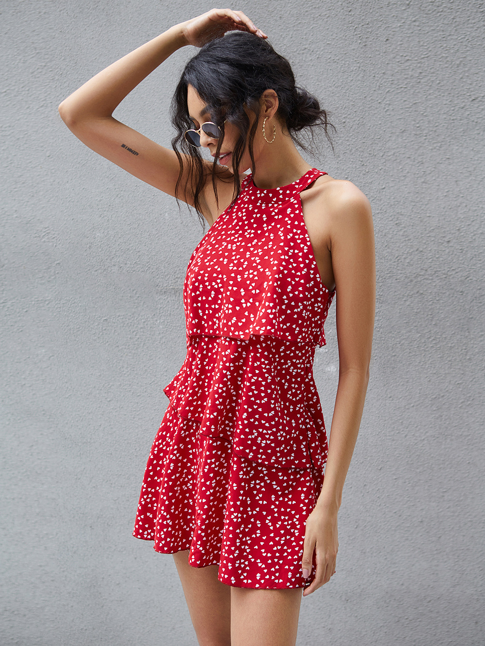 summer new hot sale hanging neck button off shoulder vest heart-shaped print pleated dress NSDF395
