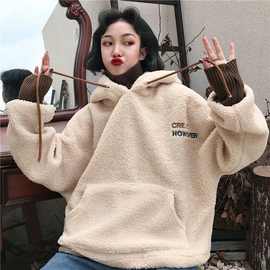 假两件连帽卫衣女2023新款秋冬季宽松韩版仿羊羔毛绒原宿学生外套
