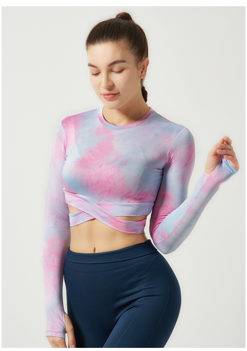 Long Sleeve Tie Dye Slim O-neck Asymmetrical Activewear Crop Top