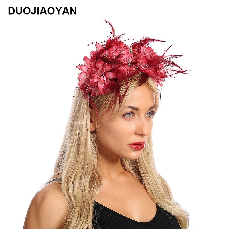 New Red Fabric Flower Feather With Skull Plastic Headband Halloween Headdress Factory Direct Sales display picture 4