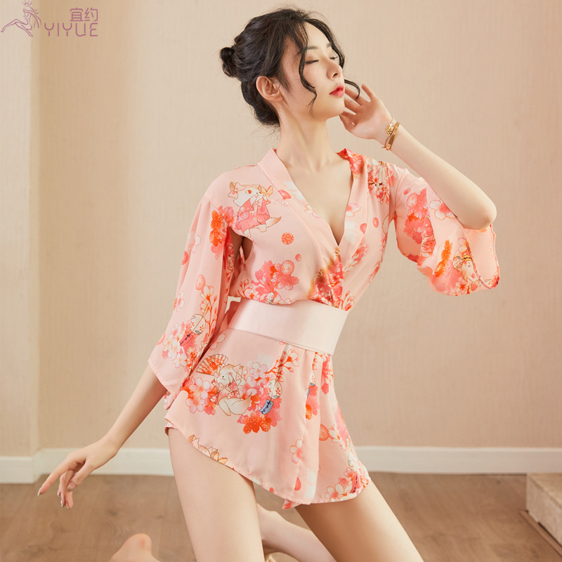 Yiyo 섹시 속옷 새로운 일본 인쇄 기모노 섹시 핫 세트 유혹 카디건 쉬폰 잠옷 8108