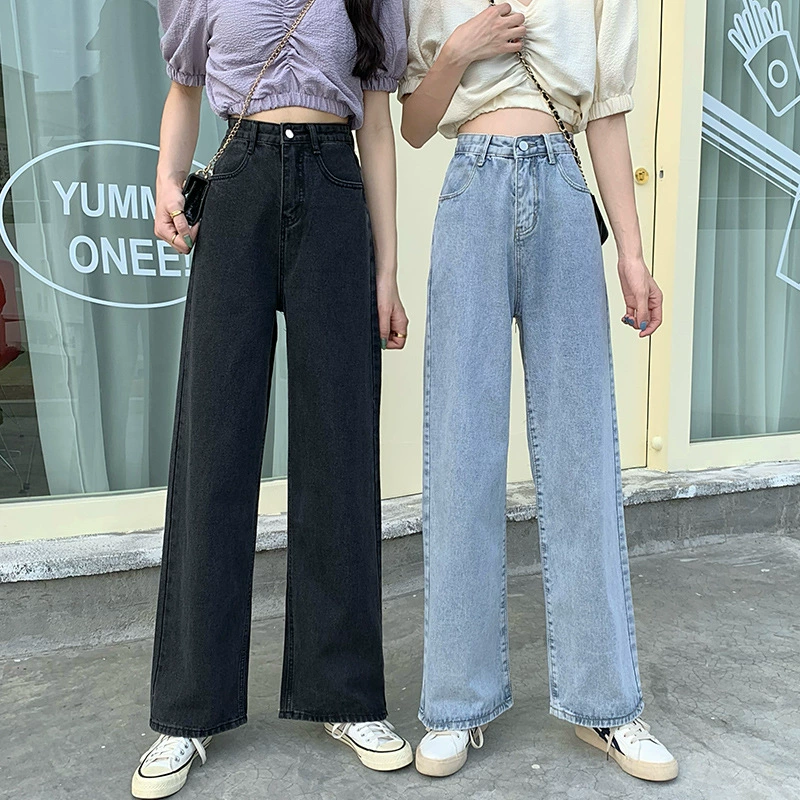 Прямые брюки, женские осенние джинсы, женские свободные широкие брюки с высокой талией в гонконгском стиле для студентов, стройнящие брюки больших размеров для девочек