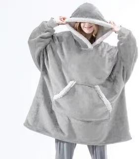 Women's Flannel Wearable Blanket Hoodie Thickened Warm Patch Home Oversized Sweatshirt