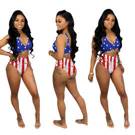 D9266亚马逊欧美爆款女装 美国独立日国庆国旗款 印花两件套泳衣