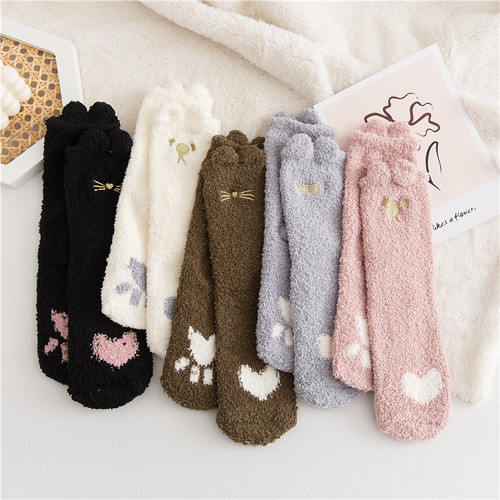 Winter coral velvet kitten paw floor sleeping socks plus velvet thickened warm terry cute socks winter women's mid-length socks