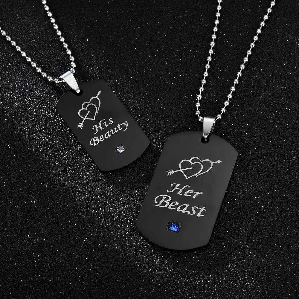 Black One Arrow Through The Heart Her Beast His Beauty Couple Diamond Tag Necklace Wholesale display picture 11