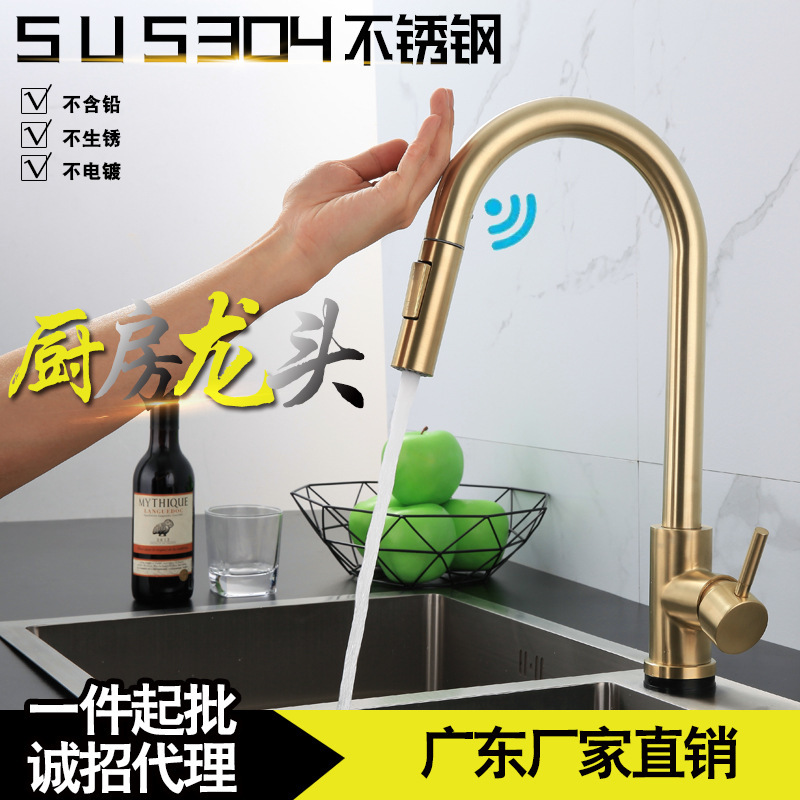 Cross-Border 304 Stainless Steel Kitchen Pull-Out Faucet Induction Hot and Cold Telescopic Brushed Gold Black Touch Faucet