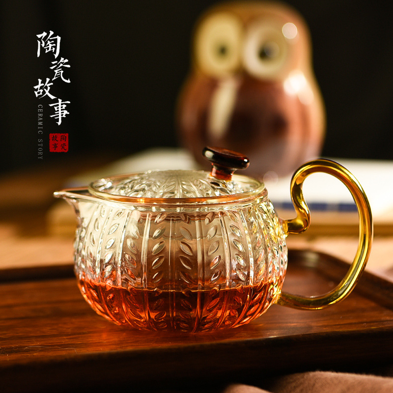 朴索家居泡茶壶玻璃小茶壶茶水分离耐高温锤纹小花茶壶茶具套装