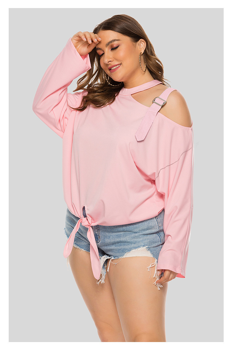 plus size shoulder strap solid color bow long sleeve oblique shoulder T-shirt NSJR17170