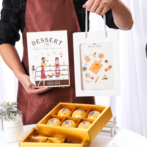 6-piece lattice egg yolk pastry packaging box, hot stamping and color printing, thickened gold cardboard gift box, hand-painted moon cake pastry drawer box