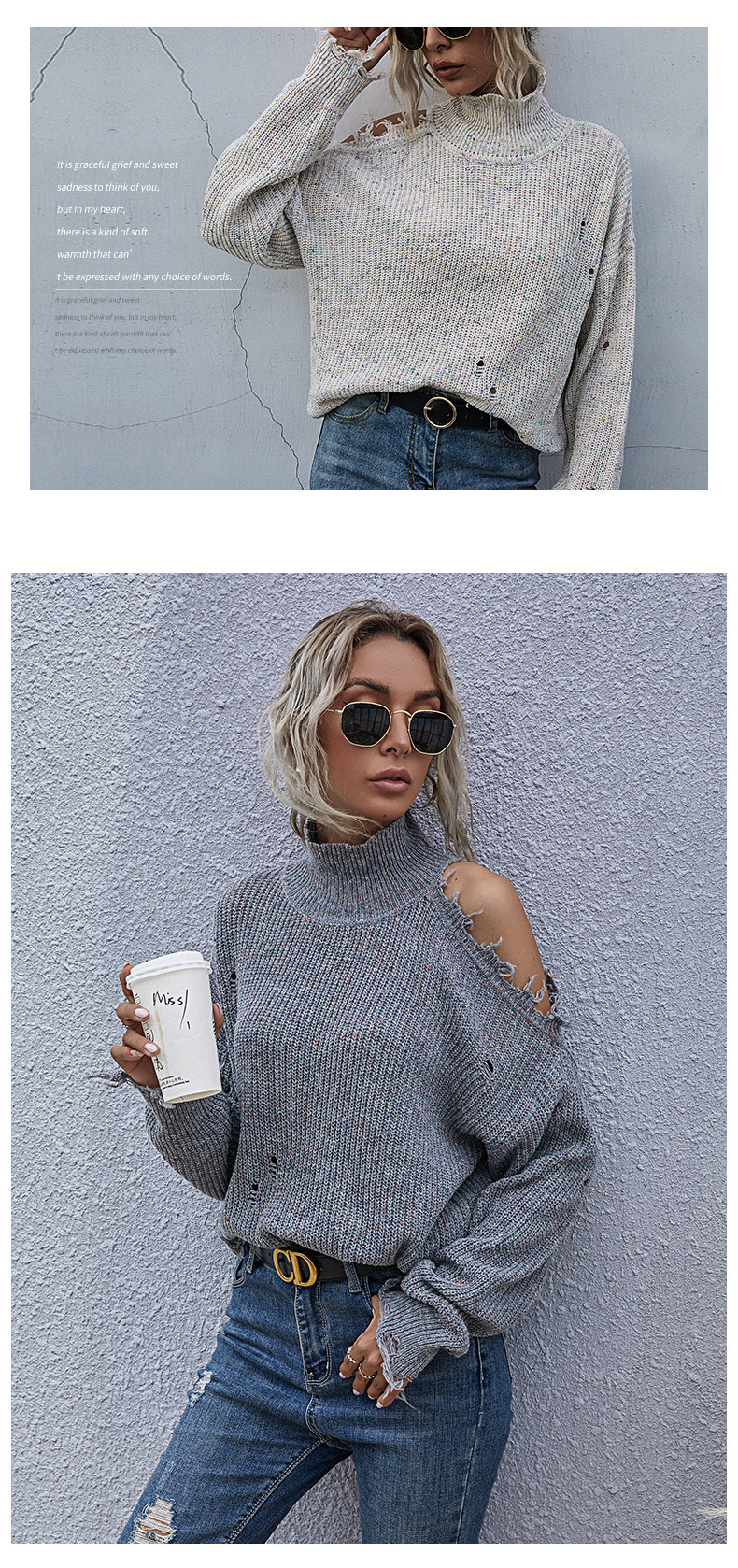 Nihaostyle Clothing Wholesale loose strapless hole long-sleeved high-neck solid color knitted sweater NSYYF66664