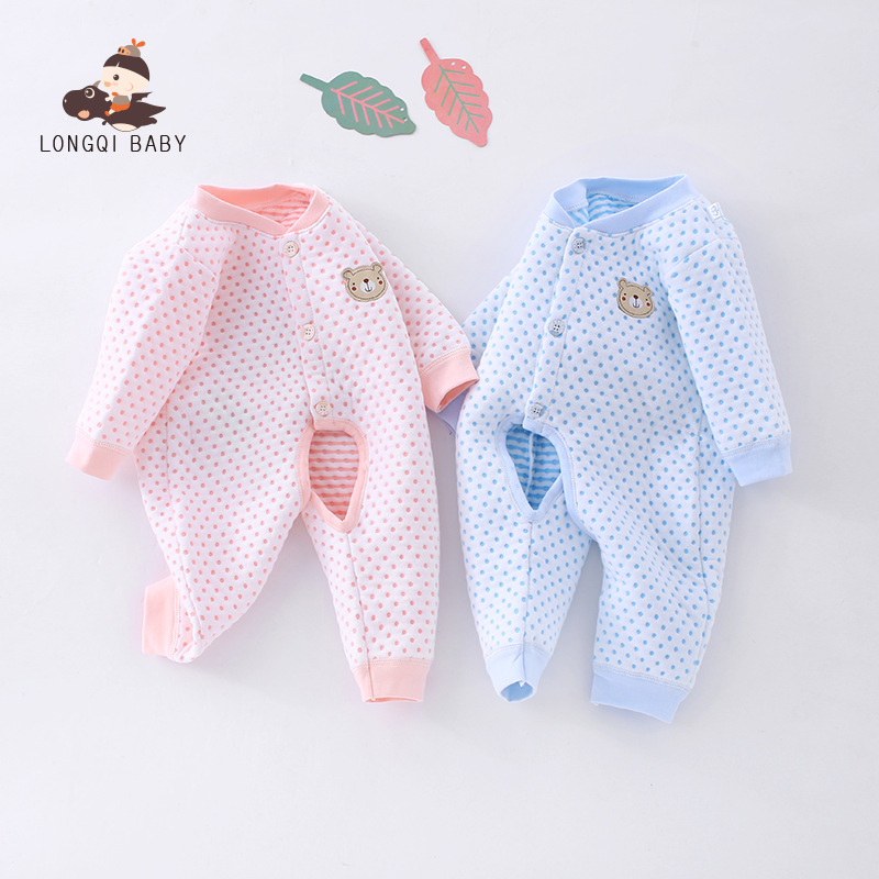 2020秋新款卡通点点纯棉保暖婴儿连体衣 新生儿男女宝宝哈衣批发