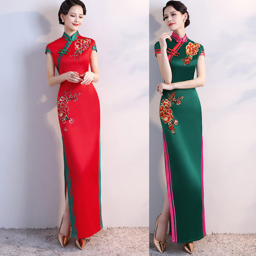 Dark green red flowers Catwalk show thin cheongsam host singers Chinese Dresses Retro Qipao new femal elegant Chinese style of cultivate qipao skirts
