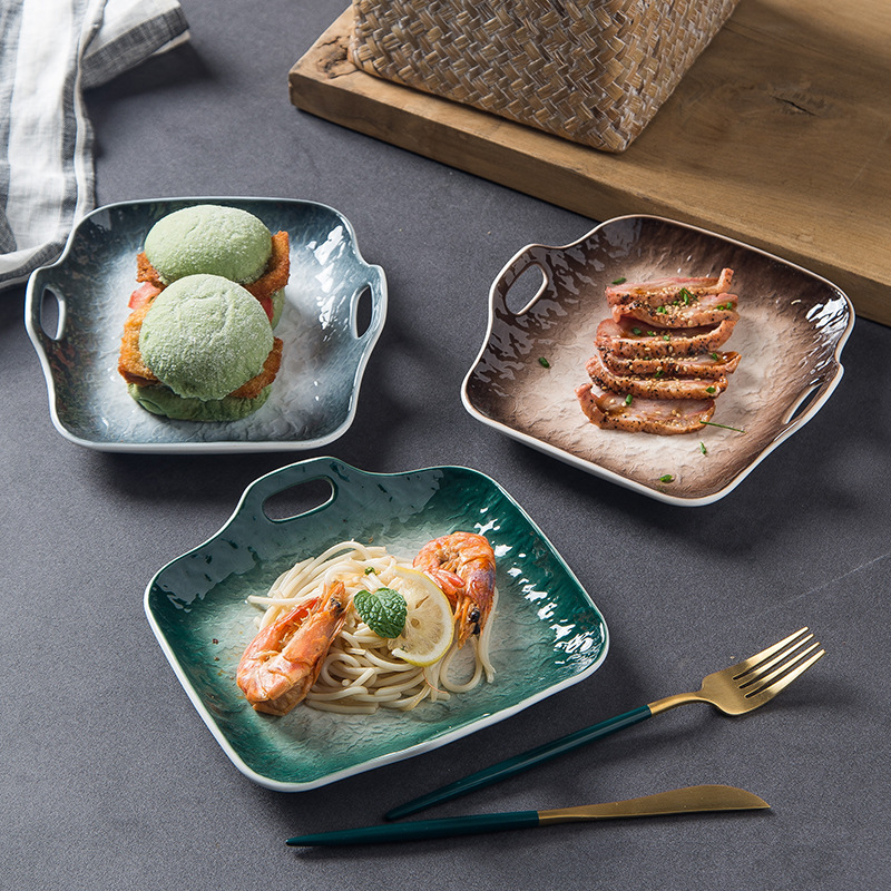 Estilo japonés ins placa para hornear de cerámica Placa de fideos de doble oreja hogar creativo para hornear placa cuadrada restaurante personalizado plato occidental Placa de carne