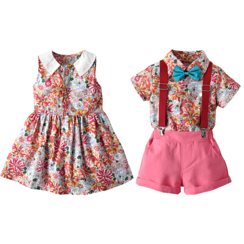 Cross-border summer new style printed shirt and suspender pants set for boys and girls, fashionable sibling outfits, wholesale from foreign trade