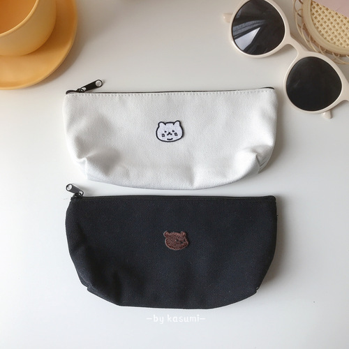 Homemade ins simple embroidered canvas triangle pen bag cute besties couple stationery storage bag bear pen bag