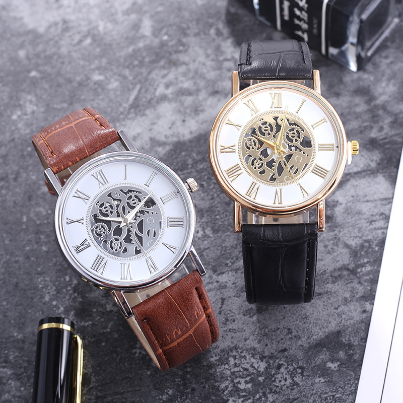 Sales Leisure Couple Roman Hollow Fashion Mechanical Quartz Belt Watch_voghion.com