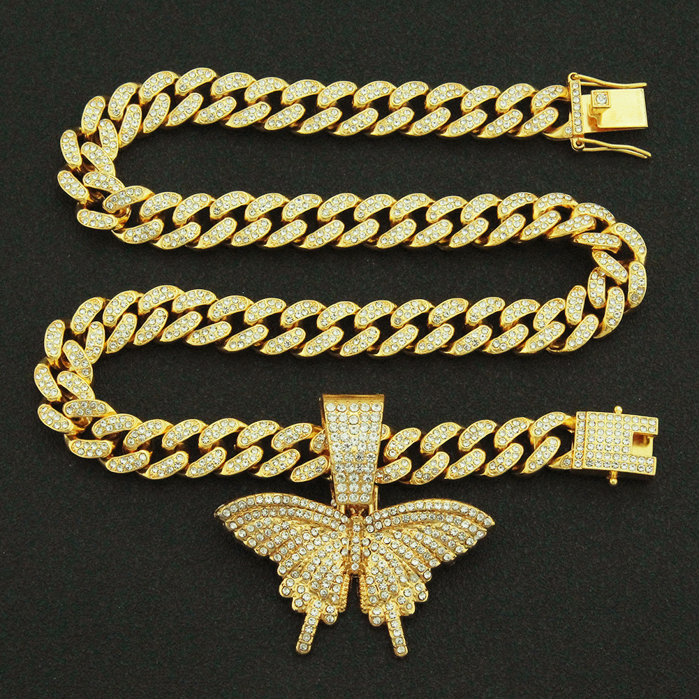 Hip-hop Full Diamond Three-dimensional Butterfly Pendant Wide Chain Cuban Chain Necklace display picture 5