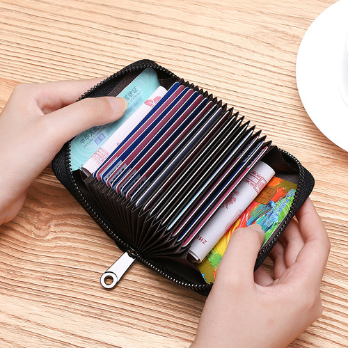 First-layer cowhide accordion card holder for men and women, anti-degaussing, anti-theft, large-capacity card holder, ultra-thin and compact card holder coin purse