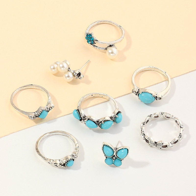 Vintage Fashion Geometric Blue Turquoise Ring Butterfly Pearl Ring 8 Piezas Set display picture 4