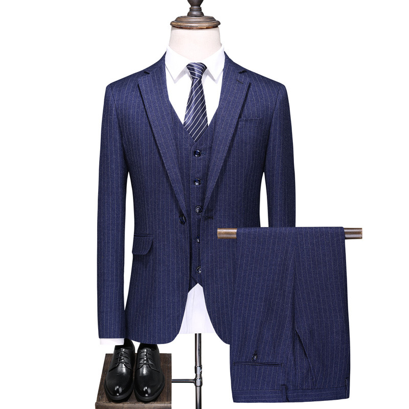 现货批发新款条纹男士西服套装三件套商务休闲西装新郎礼服6105