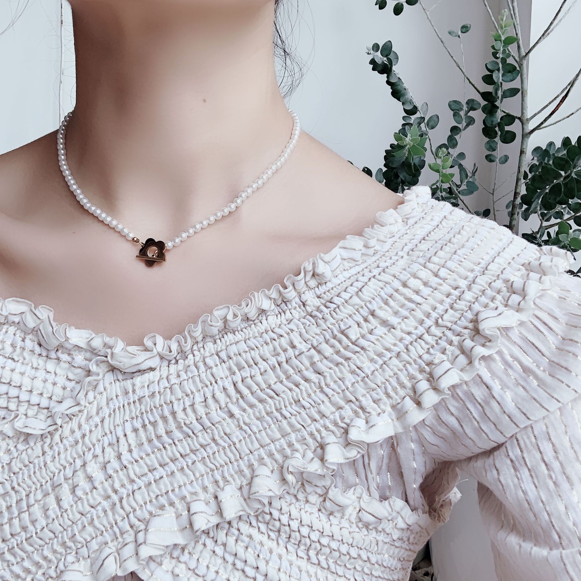 Fashion Flower Pearl Titanium Steel Beaded Plating Bracelets Necklace 1 Piece