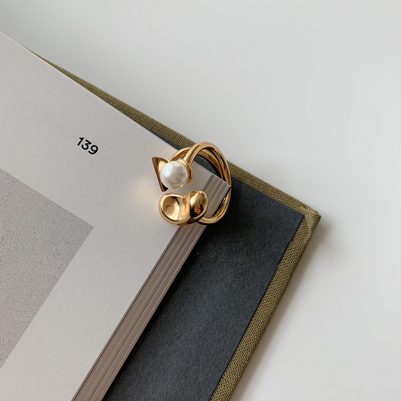 Fashion Geometric Copper Inlay Artificial Pearls Open Ring 1 Piece