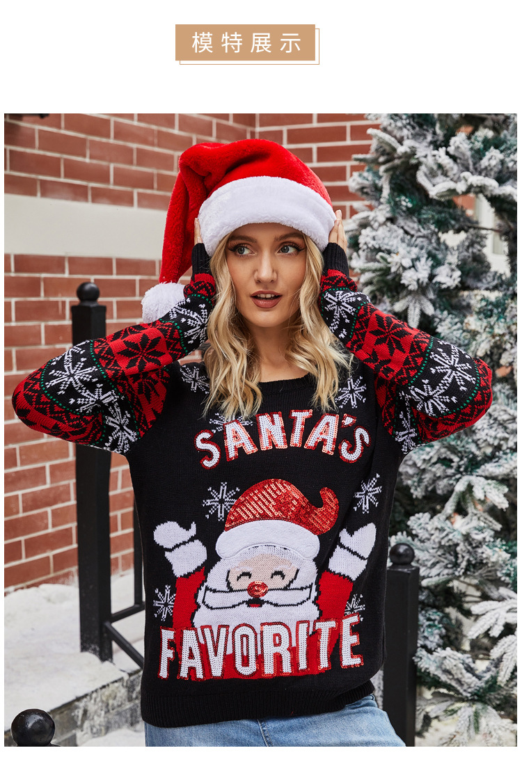 women s Christmas pullover Santa Claus embroidery round neck sweater  NSYH7108