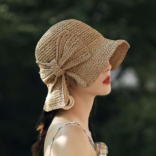 straw fisher foldable sun hat female han edition summer big bowknot crochet hat brim tide beach sunscreen hat