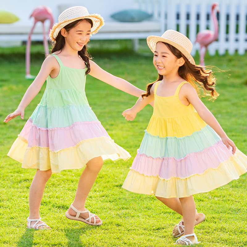 2025 Summer Children's Clothing Girls Rainbow Large Skirt Cotton Dress Little Girl Suspender Rainbow Skirt A482
