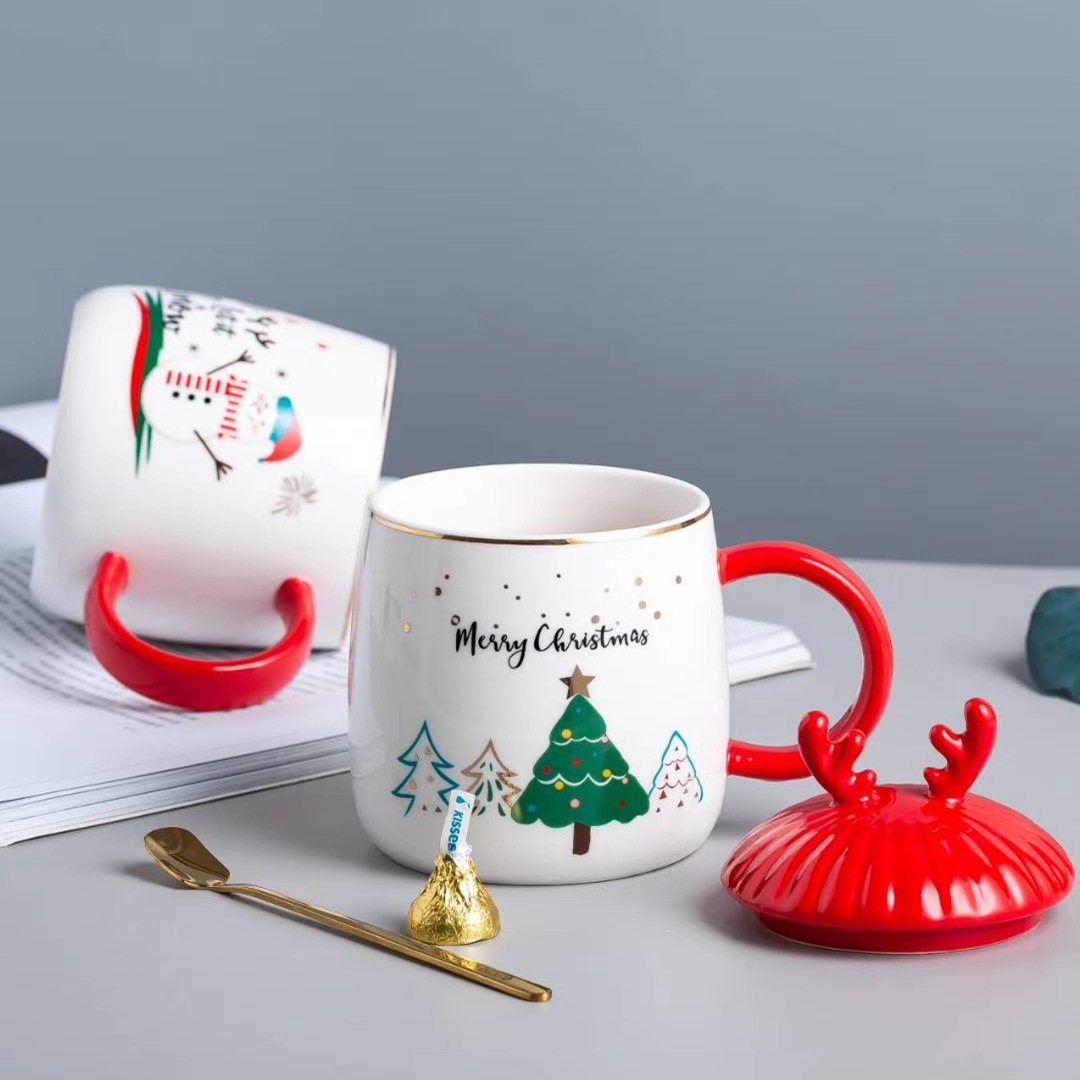 Santa alce taza con tapa cuchara regalo taza de café estilo nórdico cerámica taza de agua Oficina personalidad taza