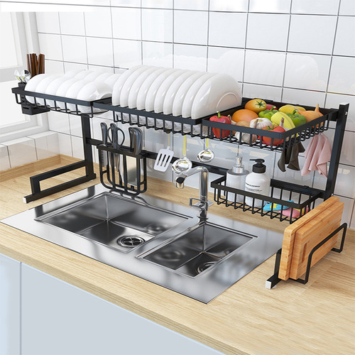 Kitchen sink storage shelf stainless steel black bowl and plate utensil sink drain rack shelf countertop storage accessories
