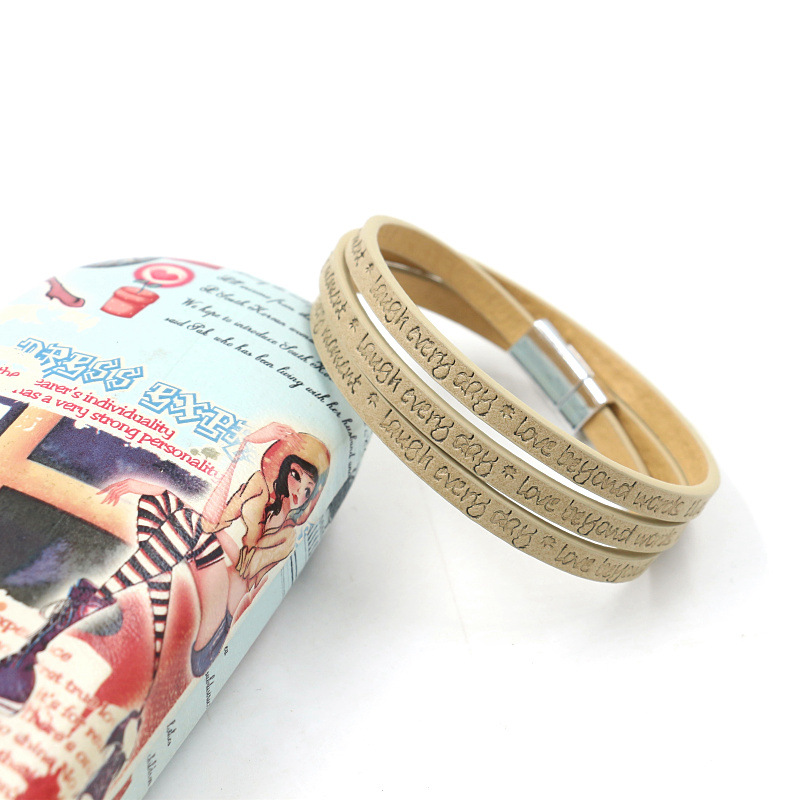 New Fashion Leather Strip Lettering Embossed Bracelet Magnetic Buckle Multilayer Printed Pu Leather Multilayer Bracelet display picture 10