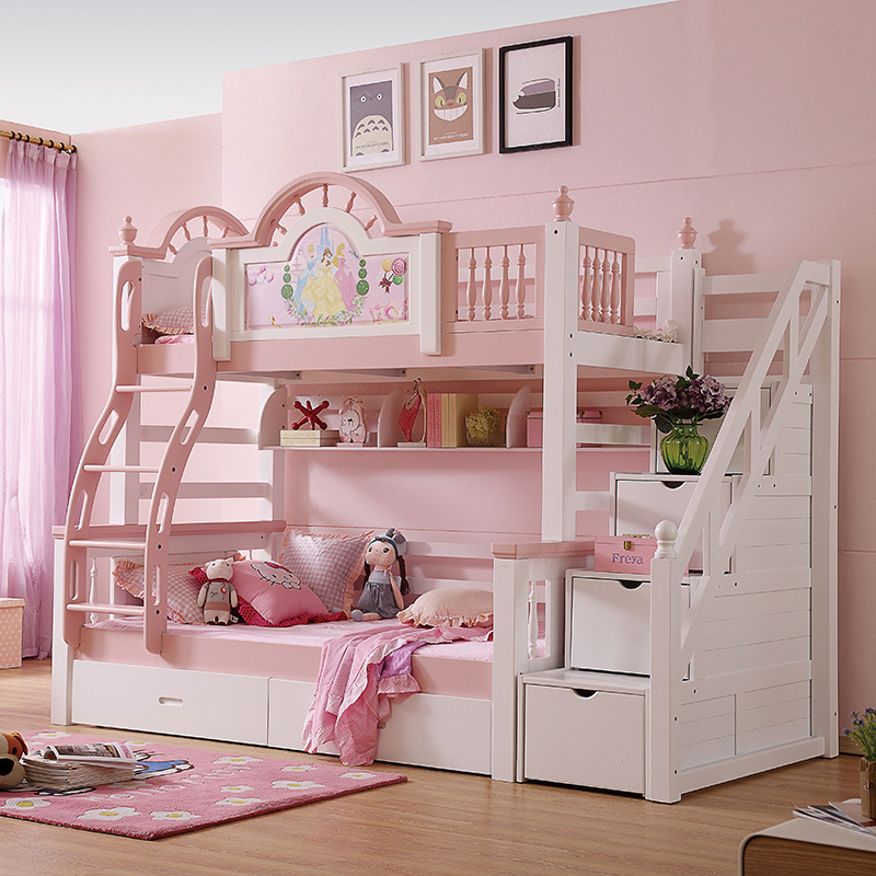 Children&#39;s Room On the bed All solid wood double-deck bed girl Princess Bed Pink height Mother and son Small apartment Two