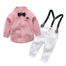 秋季長袖男童套裝 秋波點領結長袖條紋襯衫兒童背帶褲兩件套 代發