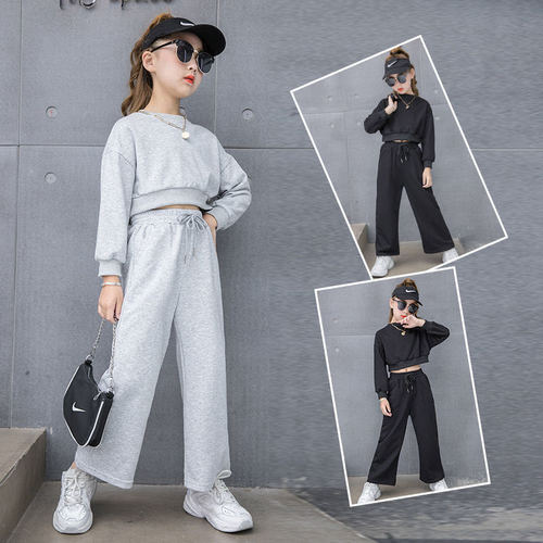 Girl's Set Autumn New Fashion Korean Version Middle Size Child Trendy Internet Star Short Sleeve Sweatshirt Wide Leg Pants Fashion