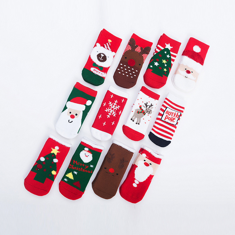 Calcetines de navidad para bebés otoño e invierno engrosados forrados de lana cálida caja de regalo bebé recién nacido bebé tubo largo vacaciones calcetines rojos