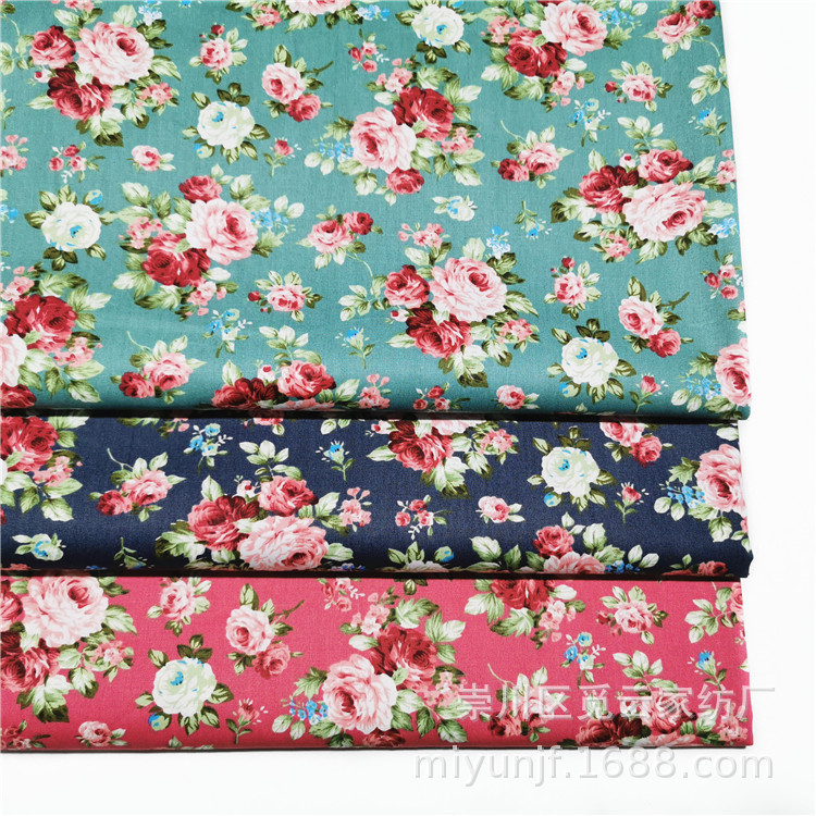 绿底玫瑰花 纯棉斜纹布料 全棉印花田园唯美床品手工连衣裙面料